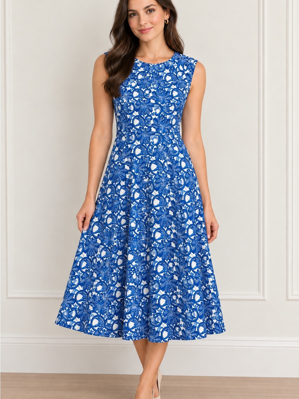 Tory Burch Blue Floral Fit-and-Flare Midi Dress